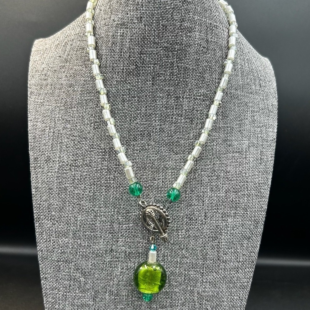 Vintage Beaded Necklace White & Green Beads Religious Medal Pendant 18"